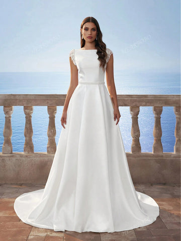 Women's Solid Color Cap-Sleeve Simple Off Shoulder Dress, Satin Elegant Wedding Party Evening Gown, White, Suitable For Formal Event And Everyday Wear