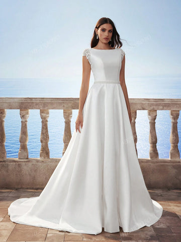 Women's Solid Color Cap-Sleeve Simple Off Shoulder Dress, Satin Elegant Wedding Party Evening Gown, White, Suitable For Formal Event And Everyday Wear