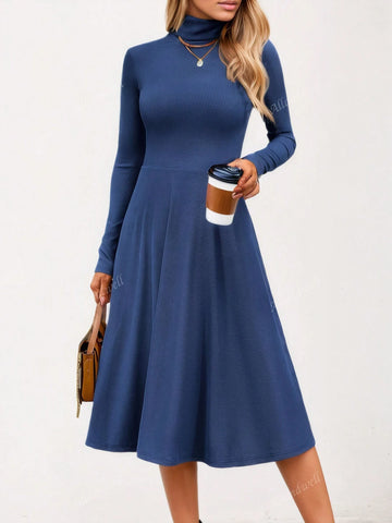 Women's Solid Color Casual Ribbed Knit Turtleneck Long Sleeve Dress, Lightweight Women's Flared Dress For Autumn