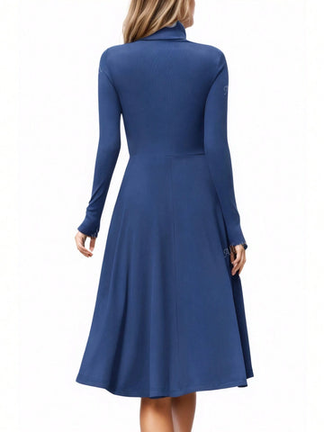 Women's Solid Color Casual Ribbed Knit Turtleneck Long Sleeve Dress, Lightweight Women's Flared Dress For Autumn
