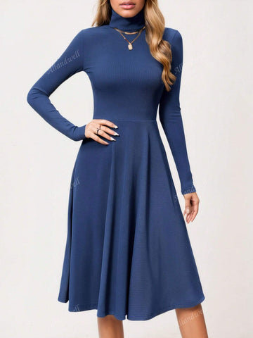 Women's Solid Color Casual Ribbed Knit Turtleneck Long Sleeve Dress, Lightweight Women's Flared Dress For Autumn