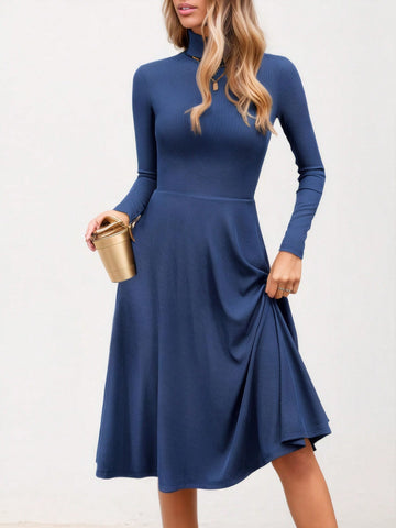 Women's Solid Color Casual Ribbed Knit Turtleneck Long Sleeve Dress, Lightweight Women's Flared Dress For Autumn