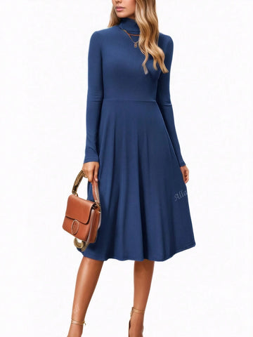 Women's Solid Color Casual Ribbed Knit Turtleneck Long Sleeve Dress, Lightweight Women's Flared Dress For Autumn