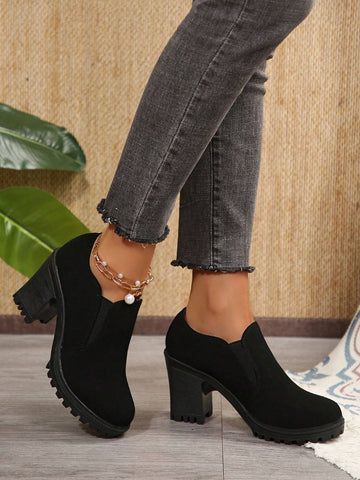 Women's Solid Color Chunky Heel Ankle Boots, Casual Black Leather Upper Anti-Slip Short Boots