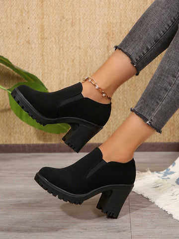 Women's Solid Color Chunky Heel Ankle Boots, Casual Black Leather Upper Anti-Slip Short Boots