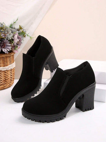 Women's Solid Color Chunky Heel Ankle Boots, Casual Black Leather Upper Anti-Slip Short Boots