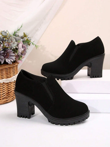 Women's Solid Color Chunky Heel Ankle Boots, Casual Black Leather Upper Anti-Slip Short Boots