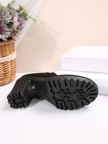 Women's Solid Color Chunky Heel Ankle Boots, Casual Black Leather Upper Anti-Slip Short Boots