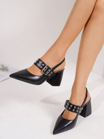 Women's Solid Color Chunky Heel Shoes, Sexy Pointed Toe Shoes, Fashionable Buckle High Heel Shoes