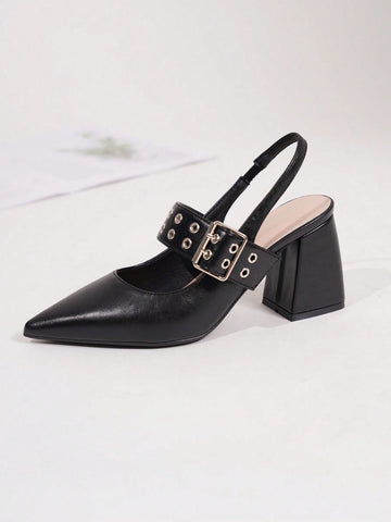 Women's Solid Color Chunky Heel Shoes, Sexy Pointed Toe Shoes, Fashionable Buckle High Heel Shoes
