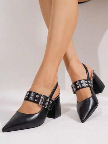 Women's Solid Color Chunky Heel Shoes, Sexy Pointed Toe Shoes, Fashionable Buckle High Heel Shoes
