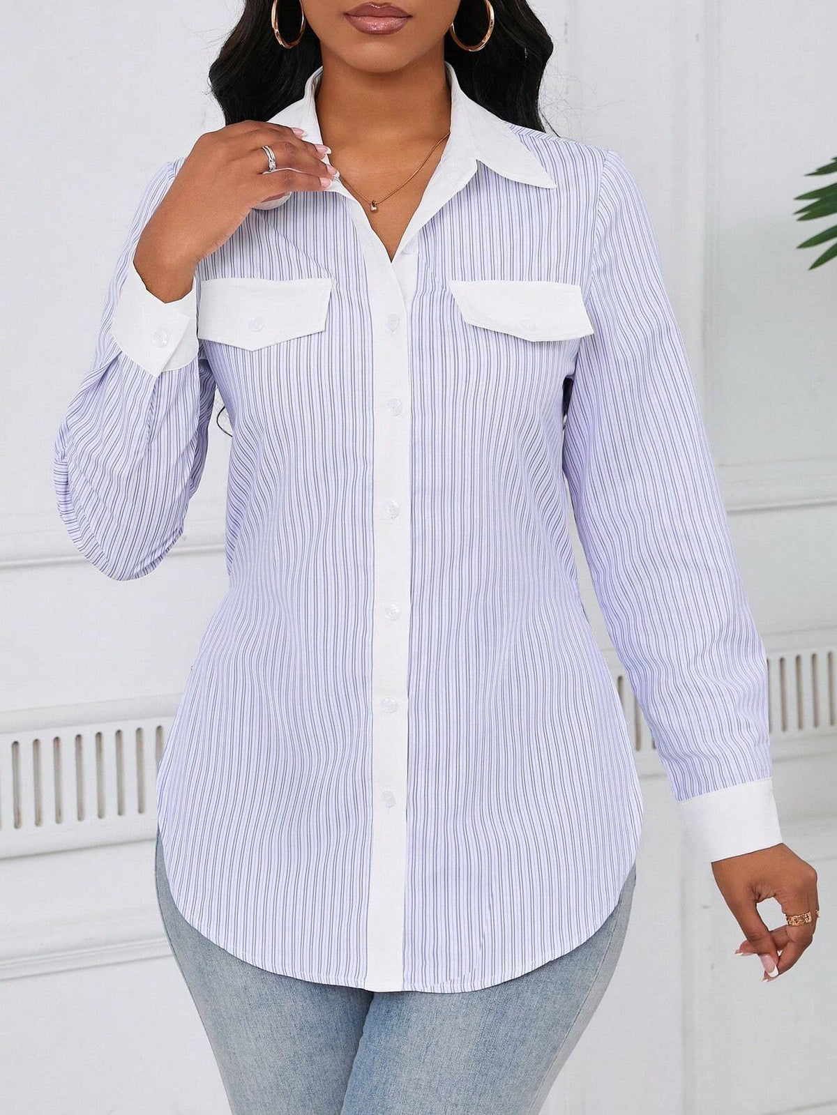 Women's Solid Color Contrast Button Front Long Sleeve Shirt Collar Minimal Blouse