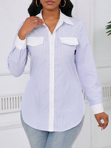 Women's Solid Color Contrast Button Front Long Sleeve Shirt Collar Minimal Blouse
