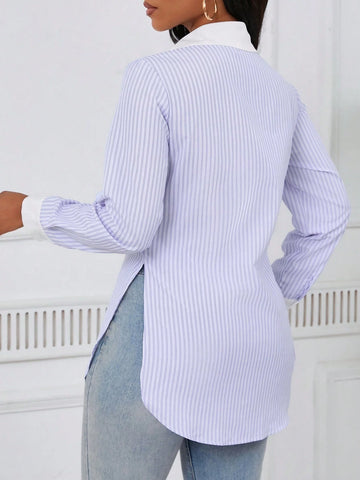 Women's Solid Color Contrast Button Front Long Sleeve Shirt Collar Minimal Blouse