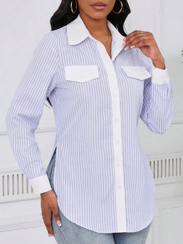 Women's Solid Color Contrast Button Front Long Sleeve Shirt Collar Minimal Blouse