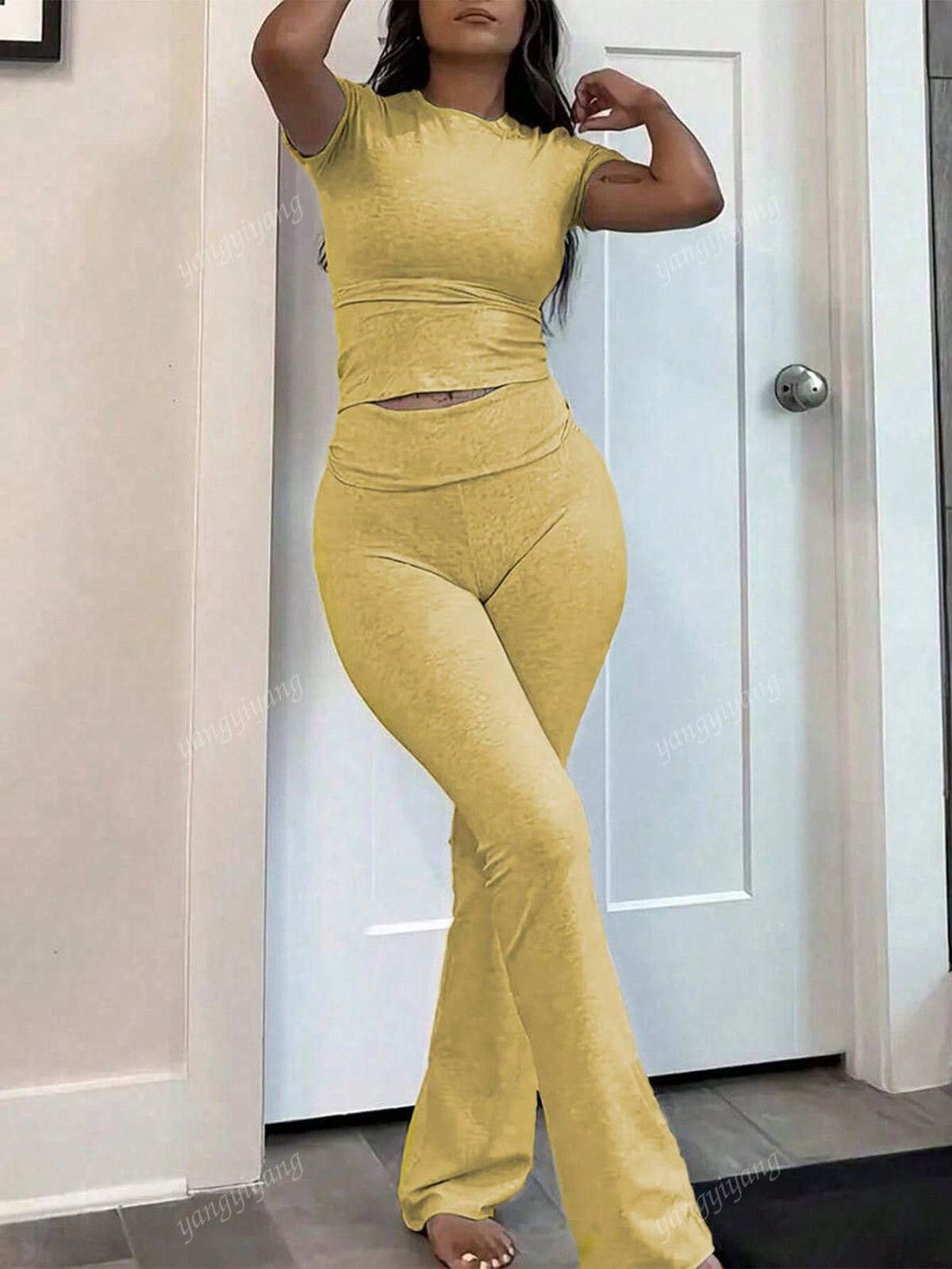 Women's Solid Color Crew Neck Short Sleeve T-Shirt And Flared Pants Casual Suit, Summer