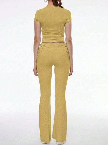 Women's Solid Color Crew Neck Short Sleeve T-Shirt And Flared Pants Casual Suit, Summer