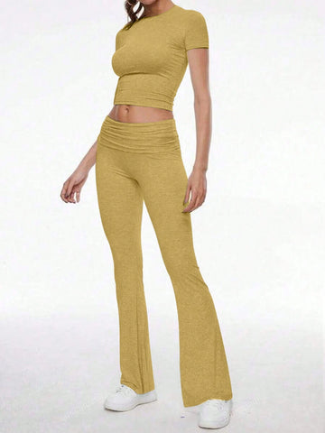 Women's Solid Color Crew Neck Short Sleeve T-Shirt And Flared Pants Casual Suit, Summer