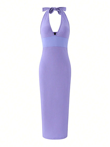 Women's Solid Color Deep V-Neck Halter Backless Maxi Dress