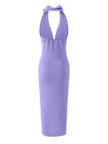 Women's Solid Color Deep V-Neck Halter Backless Maxi Dress