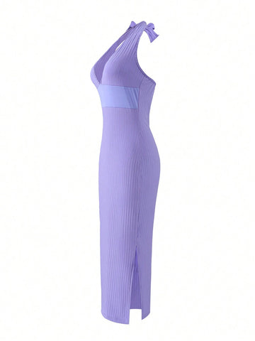 Women's Solid Color Deep V-Neck Halter Backless Maxi Dress