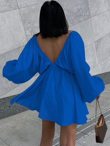 Women's Solid Color Deep V-Neck Lantern Sleeve Short Swing Dress, Spring/Summer