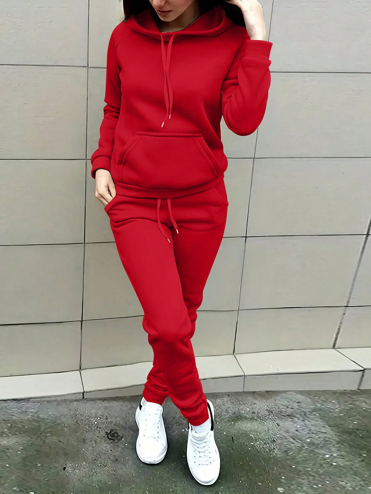 Women's Solid Color Drawstring Hooded Sweatshirt And Sweatpants Two-piece Set