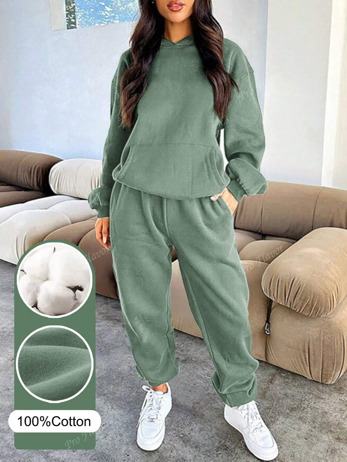 Women's Solid Color Drop Shoulder Long Sleeve Hooded Sweatshirt And Sweatpants Casual Loose Suit For Spring And Autumn