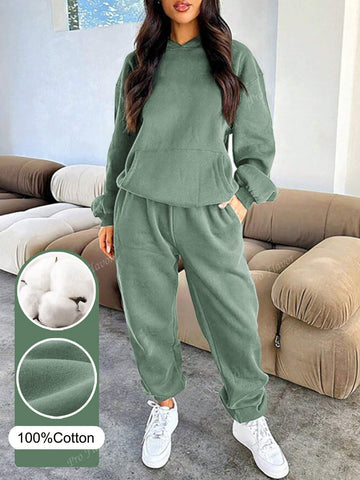 Women's Solid Color Drop Shoulder Long Sleeve Hooded Sweatshirt And Sweatpants Casual Loose Suit For Spring And Autumn