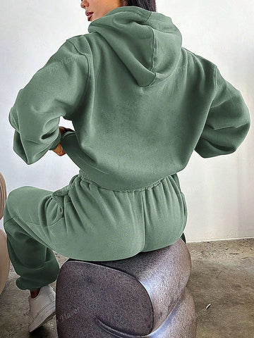 Women's Solid Color Drop Shoulder Long Sleeve Hooded Sweatshirt And Sweatpants Casual Loose Suit For Spring And Autumn