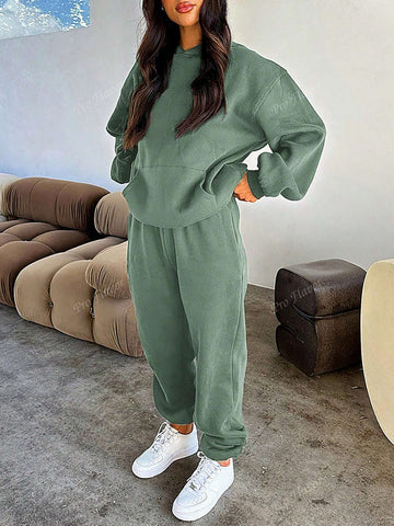 Women's Solid Color Drop Shoulder Long Sleeve Hooded Sweatshirt And Sweatpants Casual Loose Suit For Spring And Autumn