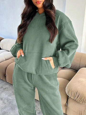 Women's Solid Color Drop Shoulder Long Sleeve Hooded Sweatshirt And Sweatpants Casual Loose Suit For Spring And Autumn