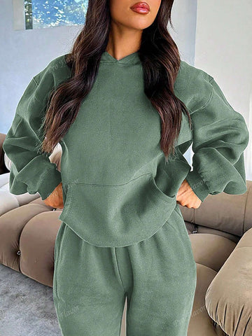 Women's Solid Color Drop Shoulder Long Sleeve Hooded Sweatshirt And Sweatpants Casual Loose Suit For Spring And Autumn