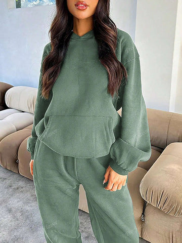 Women's Solid Color Drop Shoulder Long Sleeve Hooded Sweatshirt And Sweatpants Casual Loose Suit For Spring And Autumn