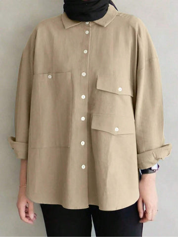 Women's Solid Color Drop Shoulder Long Sleeve Single-Breasted Loose Casual Shirt