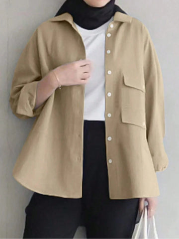 Women's Solid Color Drop Shoulder Long Sleeve Single-Breasted Loose Casual Shirt