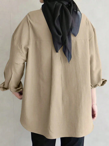 Women's Solid Color Drop Shoulder Long Sleeve Single-Breasted Loose Casual Shirt