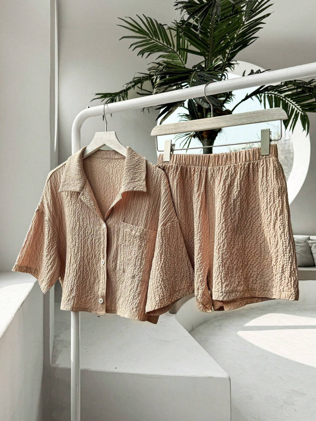 Women's Solid Color Drop Shoulder Pocket Shirt And Shorts Casual Two Piece Set