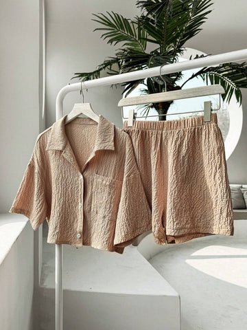 Women's Solid Color Drop Shoulder Pocket Shirt And Shorts Casual Two Piece Set