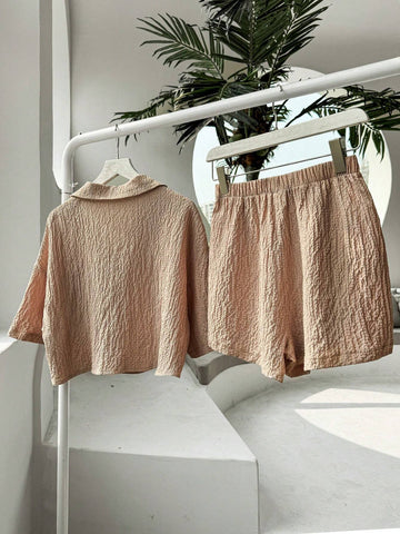 Women's Solid Color Drop Shoulder Pocket Shirt And Shorts Casual Two Piece Set