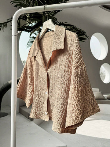 Women's Solid Color Drop Shoulder Pocket Shirt And Shorts Casual Two Piece Set