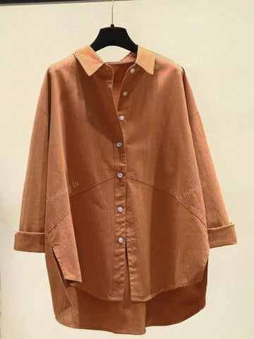 Women's Solid Color Dropped Shoulder Long Sleeve High-Low Casual Shirt, Autumn