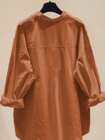 Women's Solid Color Dropped Shoulder Long Sleeve High-Low Casual Shirt, Autumn