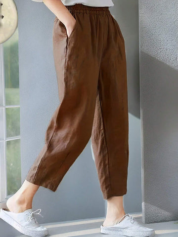 Women's Solid Color Elastic Waist Pocketed Casual Pants