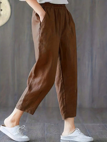 Women's Solid Color Elastic Waist Pocketed Casual Pants