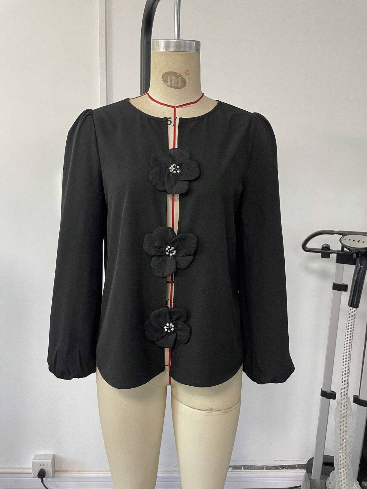 Women's Solid Color Elegant Blouse Top With 3D Floral Patchwork Design