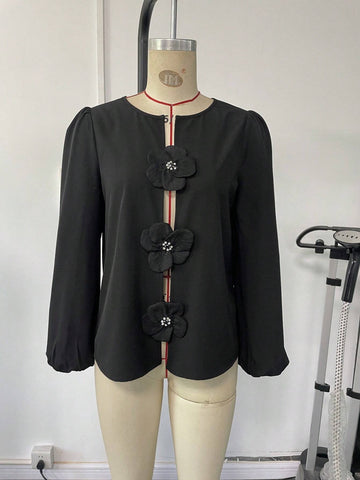 Women's Solid Color Elegant Blouse Top With 3D Floral Patchwork Design