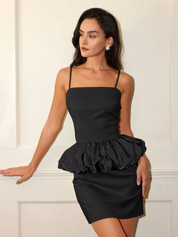 Women's Solid Color Elegant Ruffled Strap Fitted Cocktail Dress