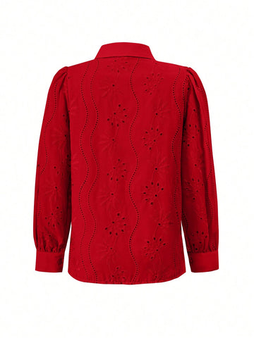 Women's Solid Color Embroidery Hollow Out Long Sleeve Top