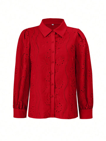 Women's Solid Color Embroidery Hollow Out Long Sleeve Top